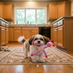 Pink and purple plush animal squeaker dog toy with long arms and legs