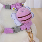 Lilac plush traction rope dog harness detail with animal patch and metal clip