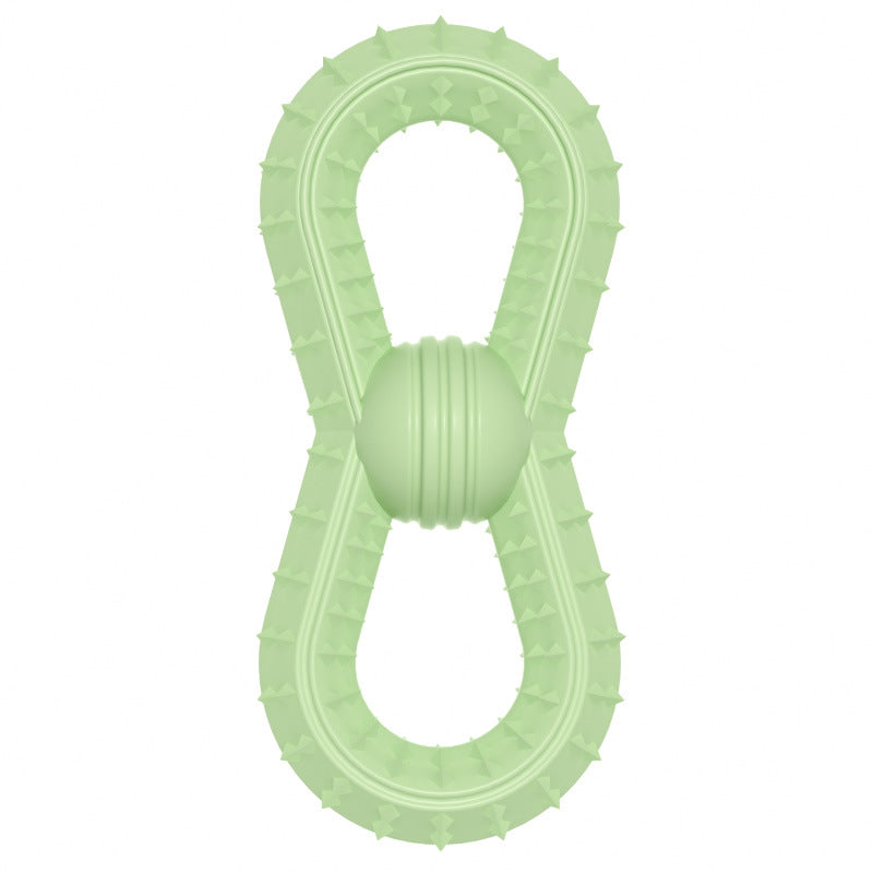 Avocado Green molar ball toy, pale green double-oval ring with ribbed center