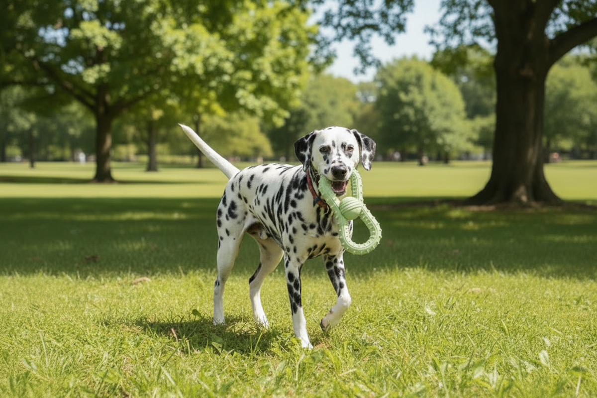 Avocado Green molar ball toy in a dog’s mouth, ribbed center ring