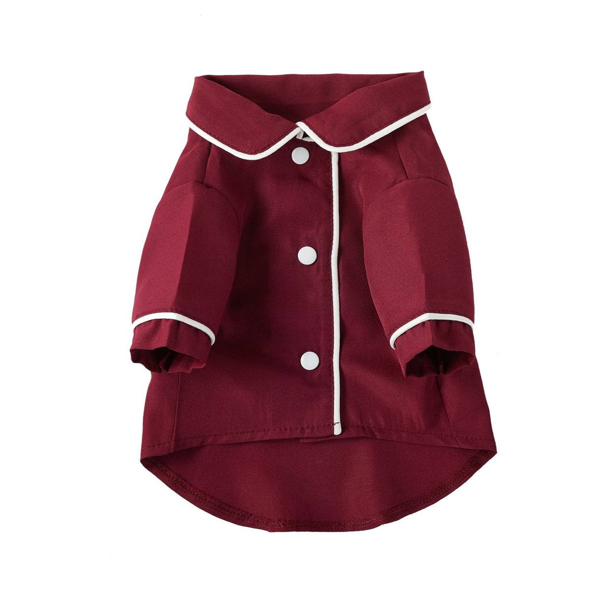 Small wine-red pet dog jacket with white trim, snap buttons, and side pocket openings