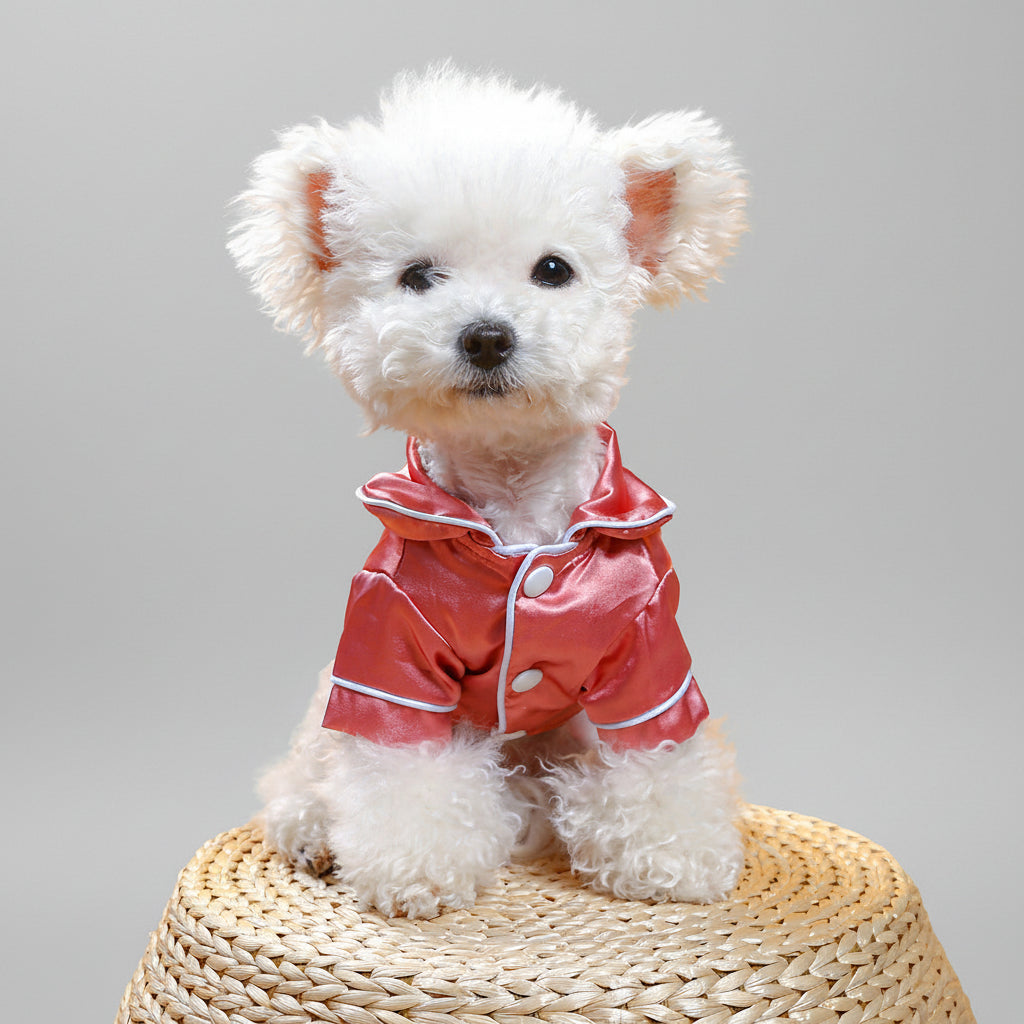 Red/pink satin pet pajama jacket with white piping and zipper placket