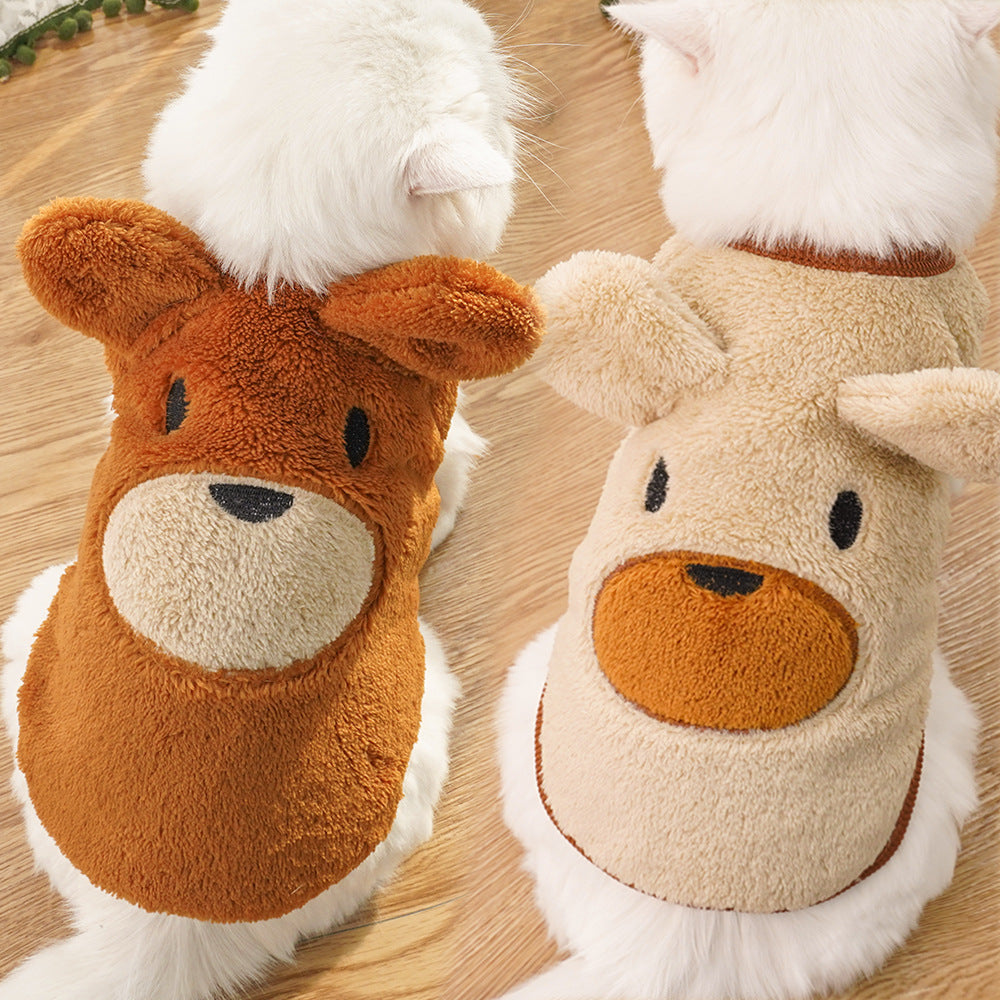 Bear ears fleece-lined dog sweater, puppy brown with teddy bear face