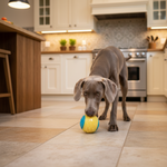 Dog training ball toy with yellow and blue textured halves on kitchen floor