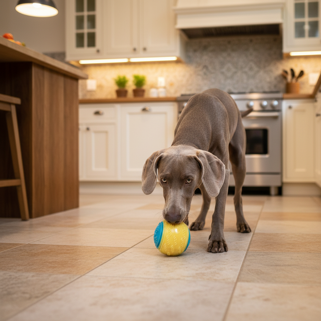 Dog training ball toy with yellow and blue textured halves on kitchen floor