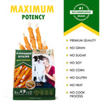Rawhide sticks with chicken dog chew, bag with maximum potency and no-grain badges