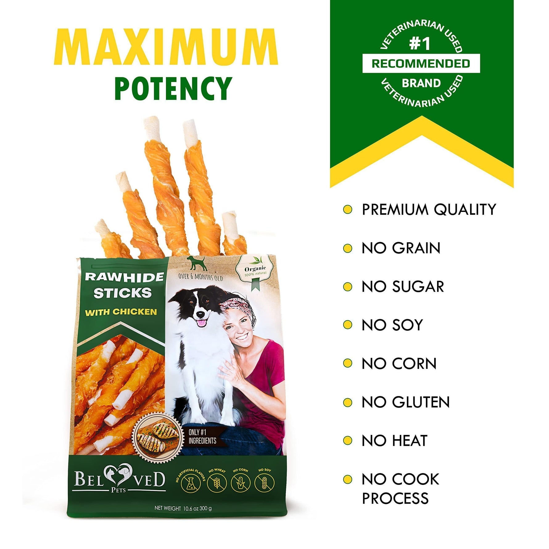Rawhide sticks with chicken dog chew, bag with maximum potency and no-grain badges