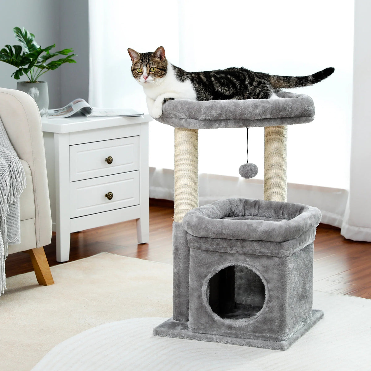 Gray multi-level cat tree condo with plush top perch and sisal scratching posts