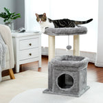 Gray multi-level cat tree condo with plush top perch and sisal scratching posts