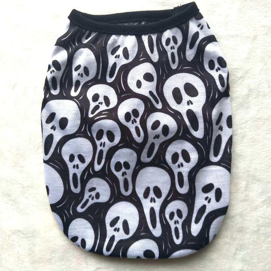Skull Halloween pet shirt, black and white swirl skull faces, round neck