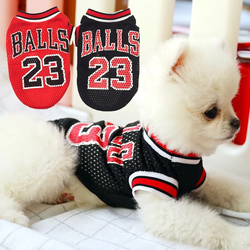 Pet mesh basketball jersey with red and black “BALLS 23” front print and striped collar