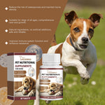 Running dog with pet nutritional supplement bottles and 80-tablet boxes