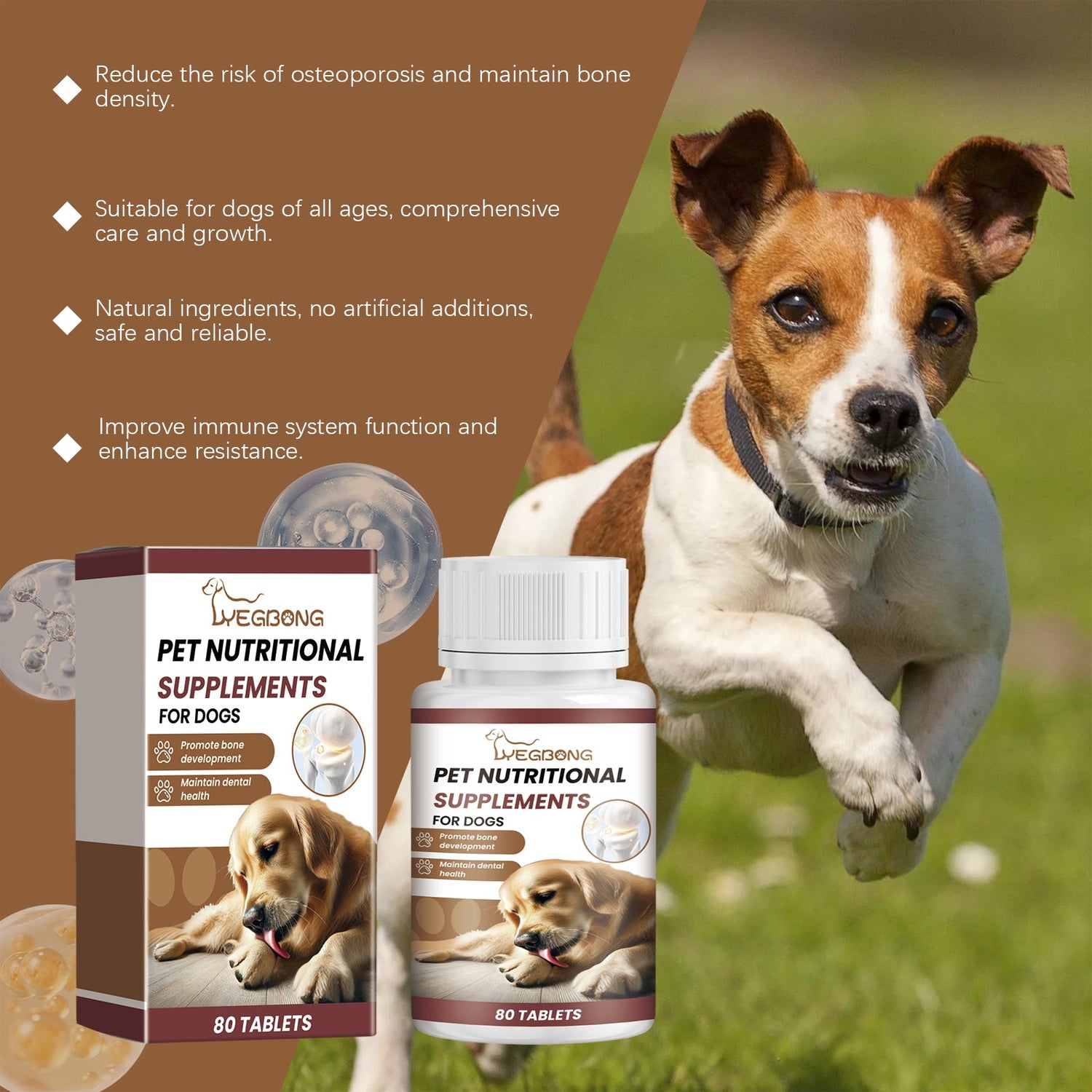 Running dog with pet nutritional supplement bottles and 80-tablet boxes