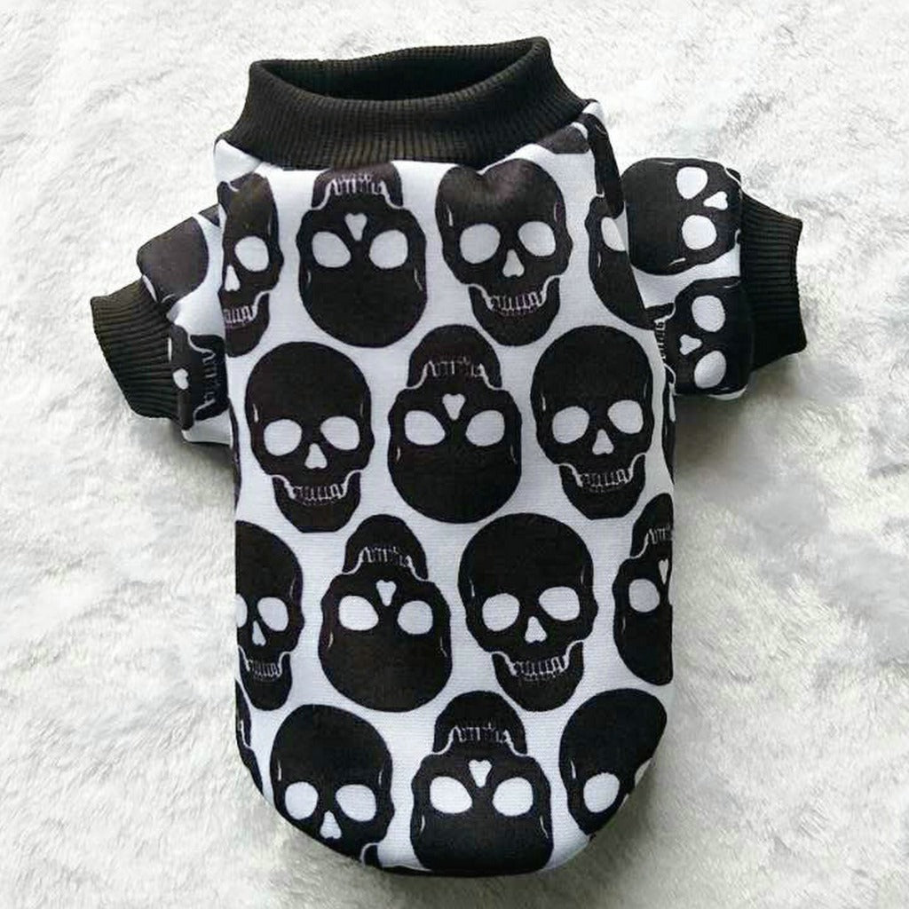 Skull Halloween pet shirt, black and white large skulls, short sleeves with cuffs