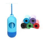 Light blue pet waste bag dispenser plus assorted bag roll colors: light blue, purple, green, red, black