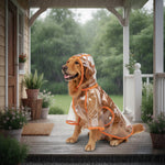 Waterproof pet raincoat for dogs, clear orange hood with leaf-like pattern and front ties