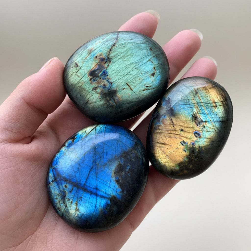 Labradorite ore specimens, three oval polished stones with blue and green iridescence