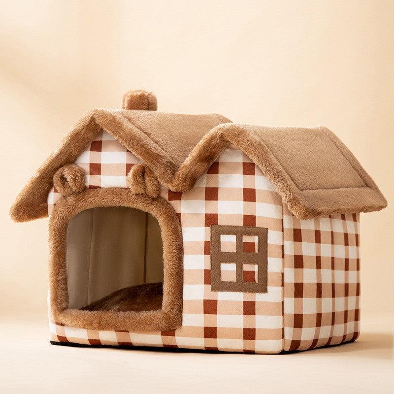 Beige enclosed pet house bed with checkered side panels, faux-fur trim, arched door