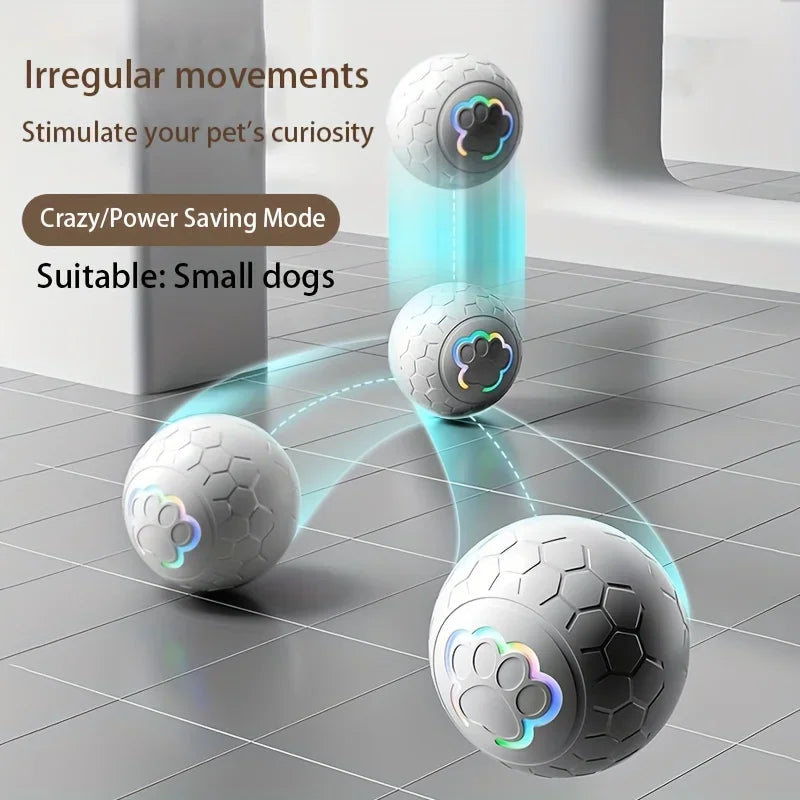 Grey smart bouncing ball with glowing paw icon, shown mid-bounce