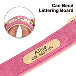 Pink dog collar close-up with engraved name Alice on round ID plate