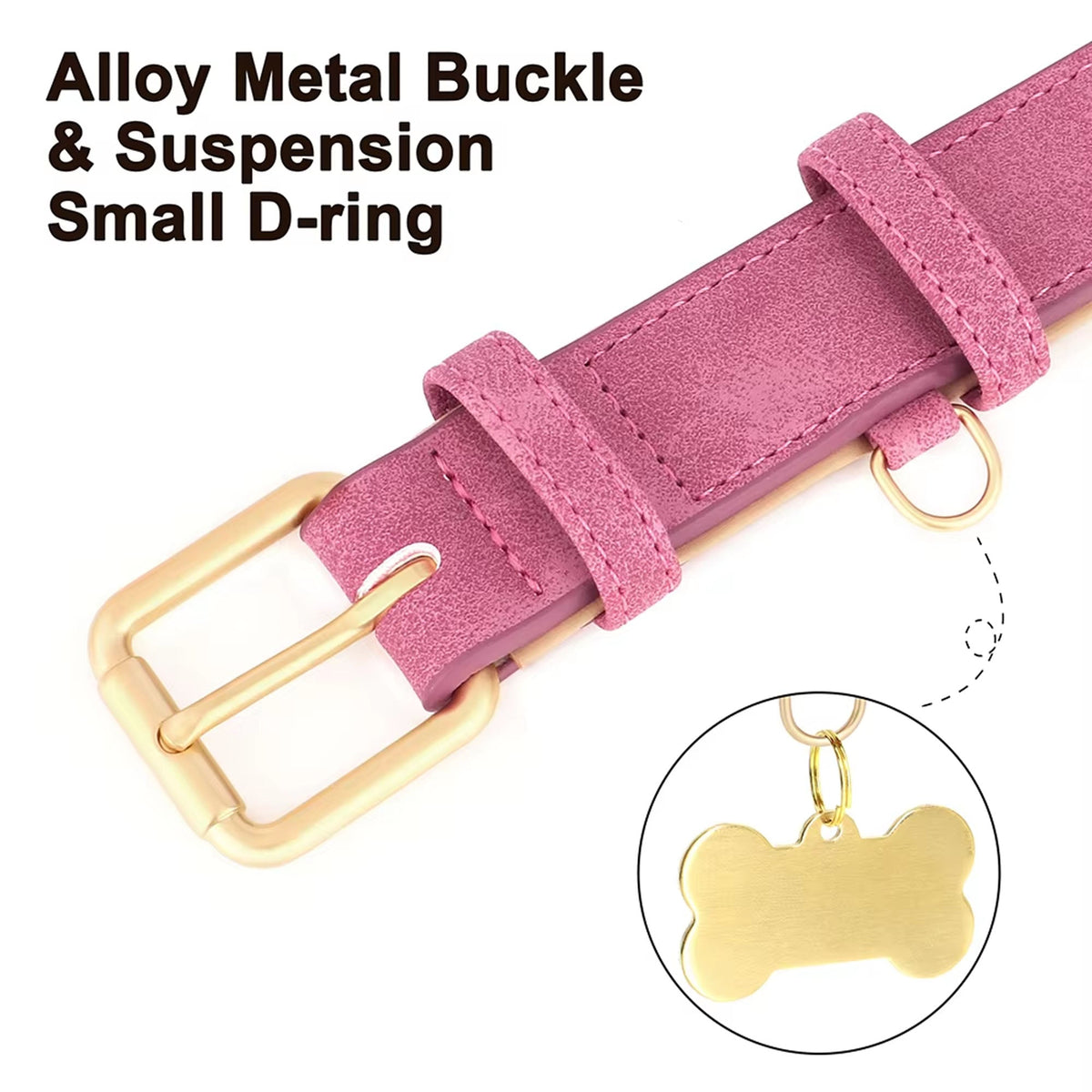 Pink dog collar with alloy buckle, small D-ring, and engraved ID name plate