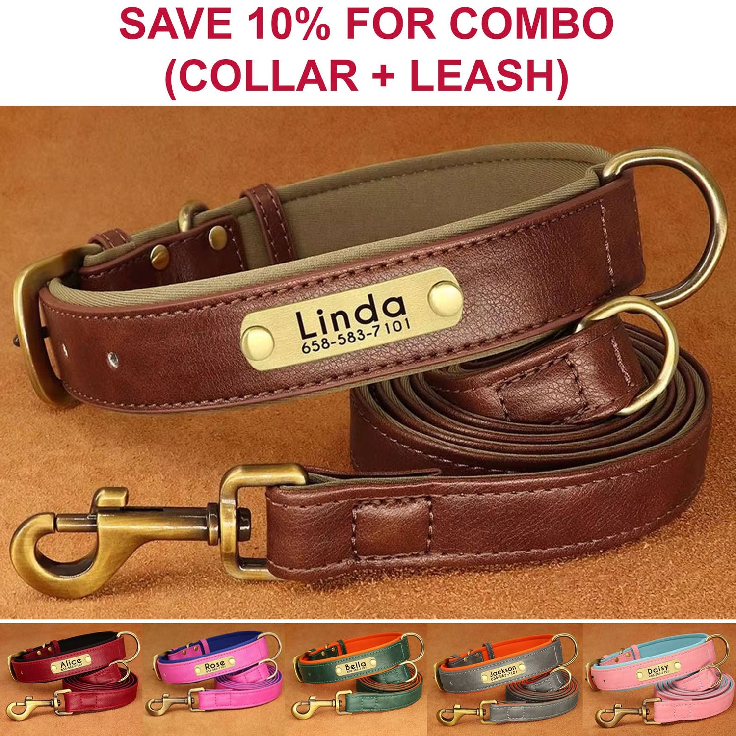Brown dog collar with engraved ID name plate and matching leash looped