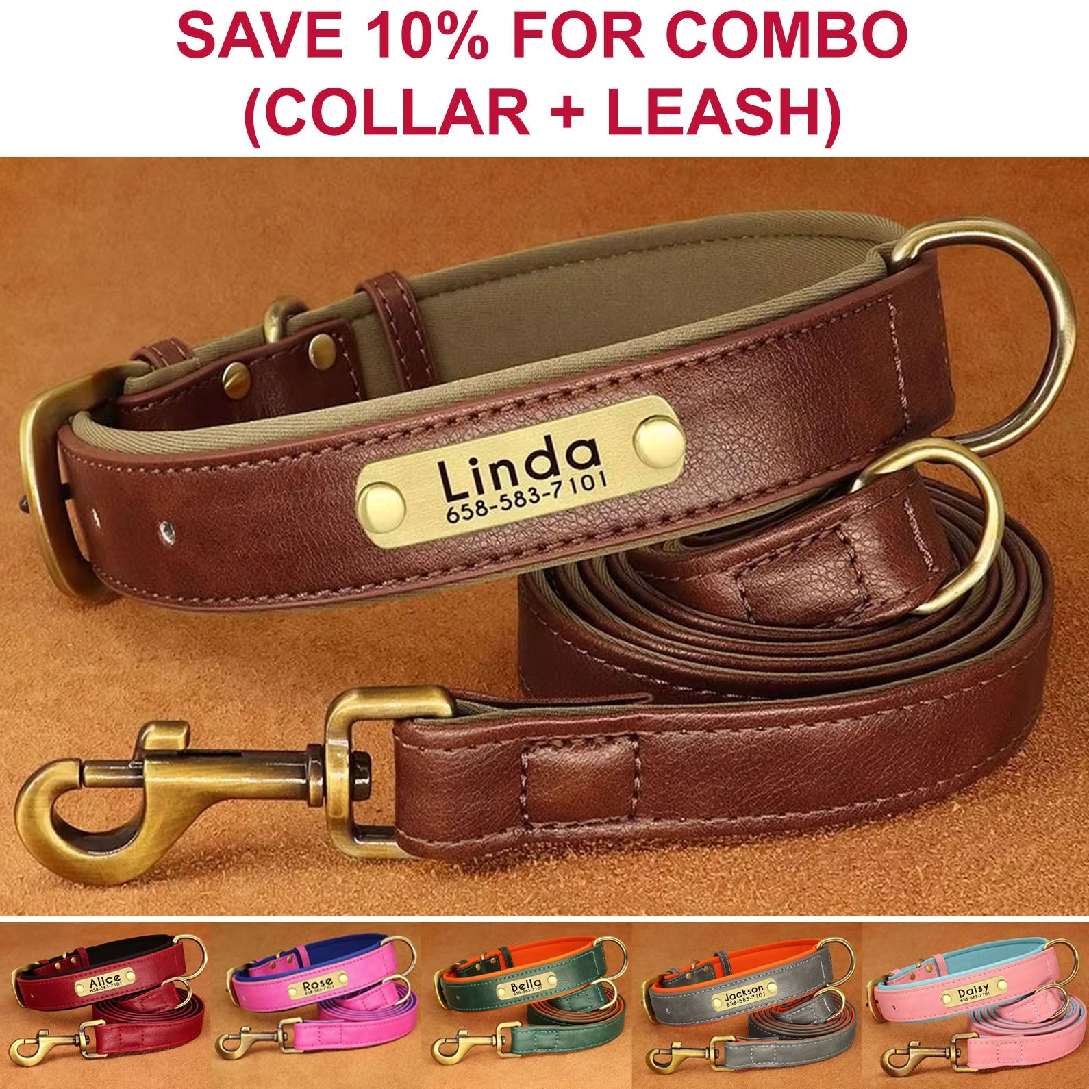 Brown dog collar with engraved ID name plate and matching leash looped