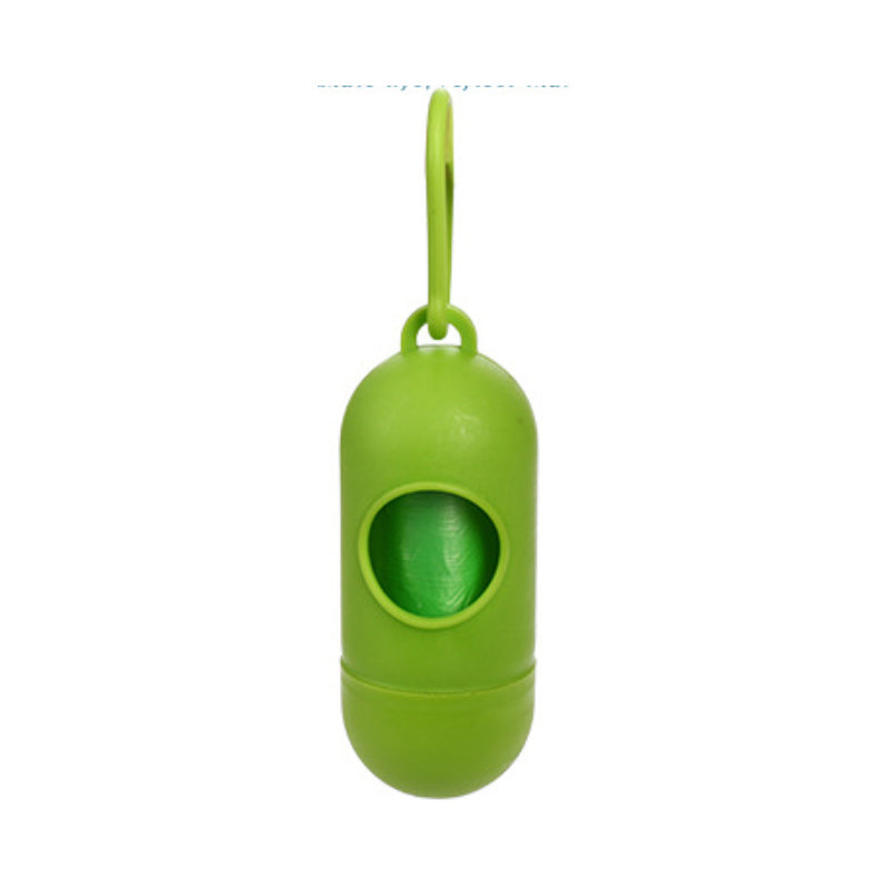 Green pet waste bag dispenser holder with strap and circular bag opening
