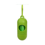 Green pet waste bag dispenser holder with strap and circular bag opening