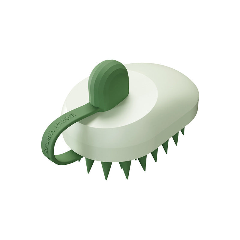 Silicone pet hair remover comb with pale green body and green bristles, handheld bath brush