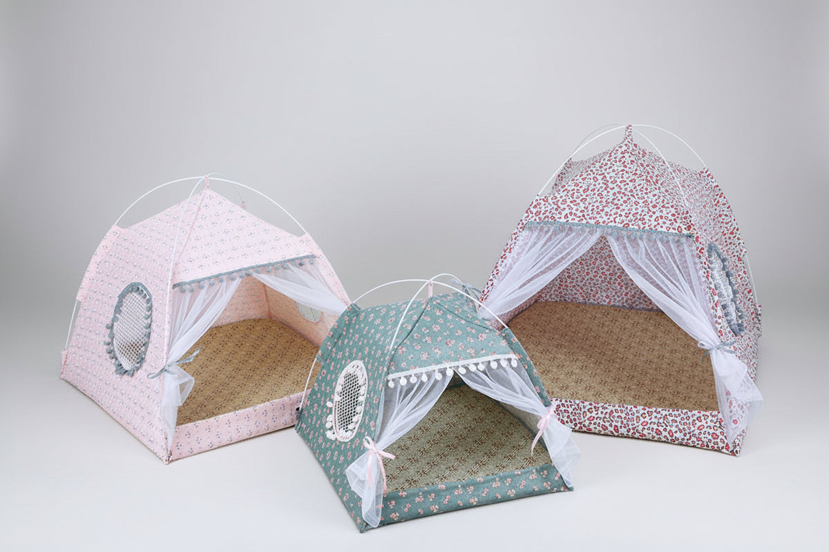 Pet tent beds set with pink and teal/grey patterned tents and open mesh windows