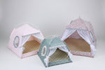 Pet tent beds set with pink and teal/grey patterned tents and open mesh windows