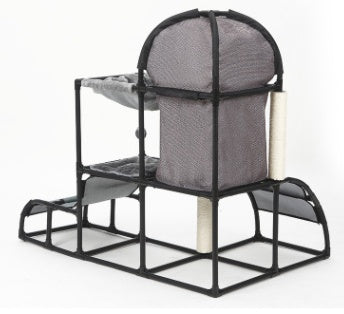 Cat climbing tree condo with dark gray top dome, cushioned platforms, and enclosed steps.
