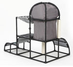 Cat climbing tree condo with dark gray top dome, cushioned platforms, and enclosed steps.