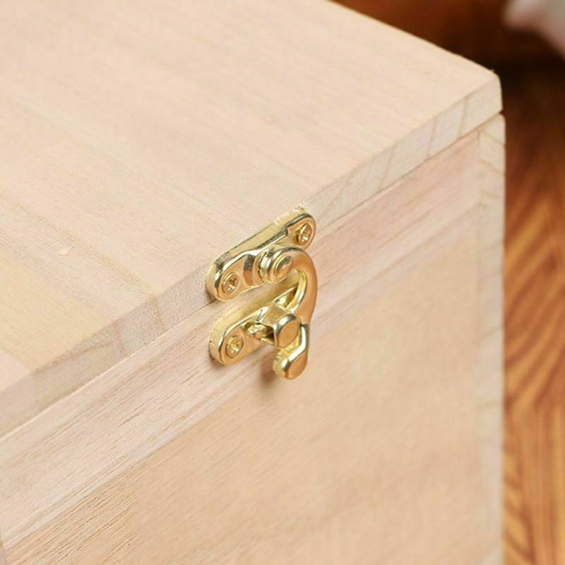 Pine birdhouse side latch with gold hinges hardware, close-up