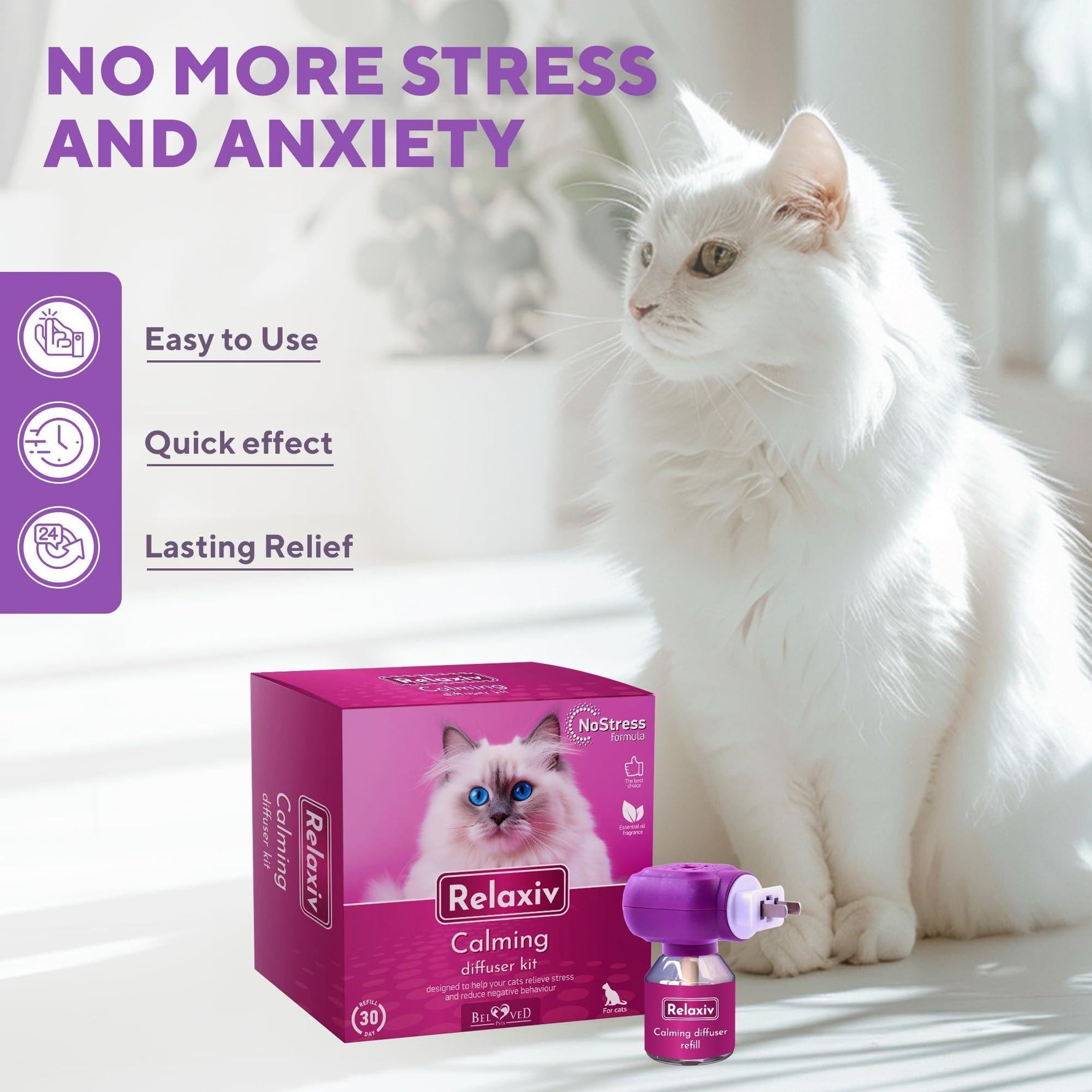 Cat calming diffuser kit with purple plug-in device, refill bottle, and product box