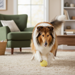 Small pale yellow spiky dog throwing ball toy with paw print