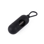 Black pet waste bag holder with carry loop and open dispensing mouth