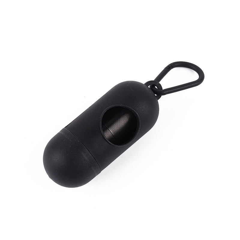 Black pet waste bag holder with carry loop and open dispensing mouth