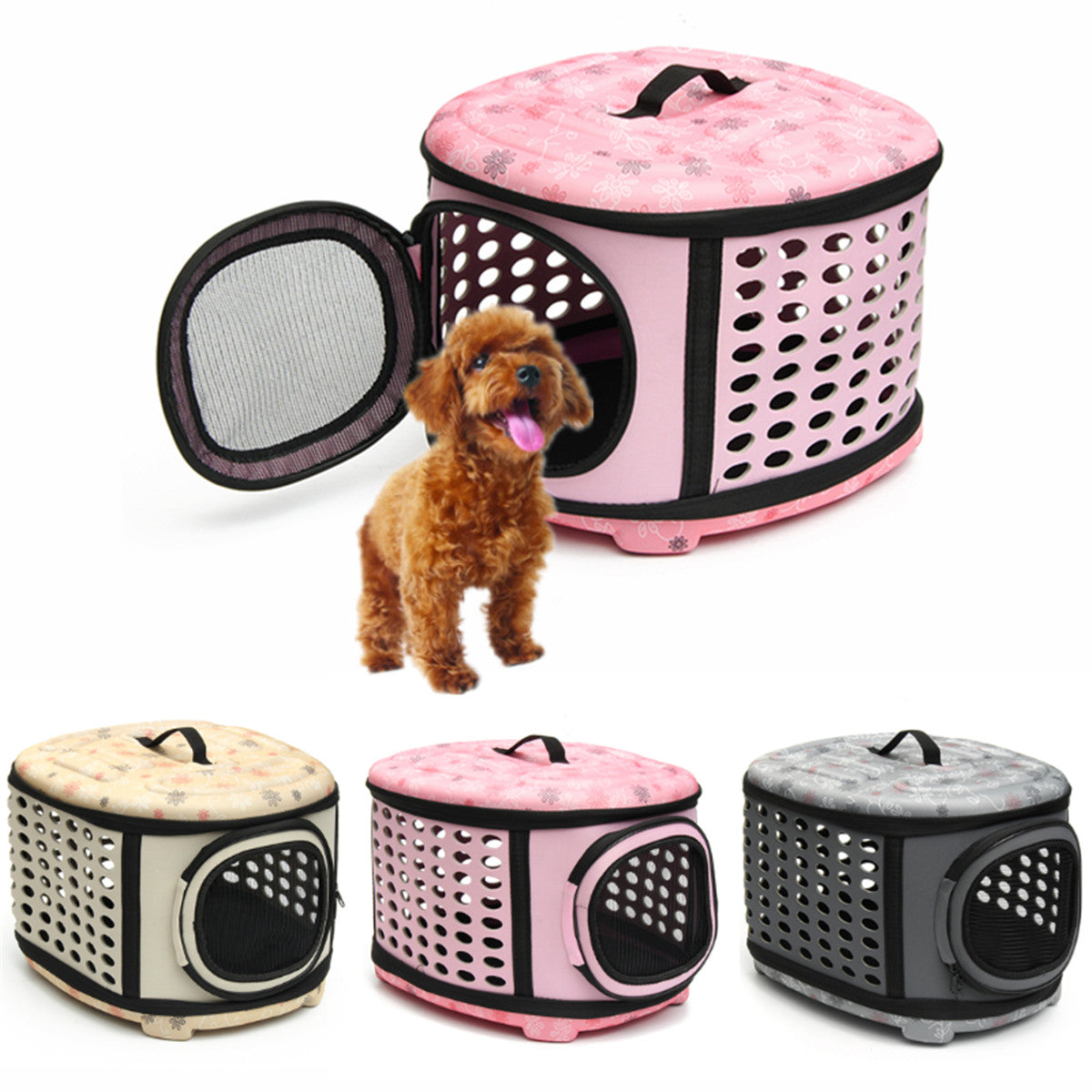 Foldable pet carrier handbag with pink exterior, mesh front door, and perforated vents