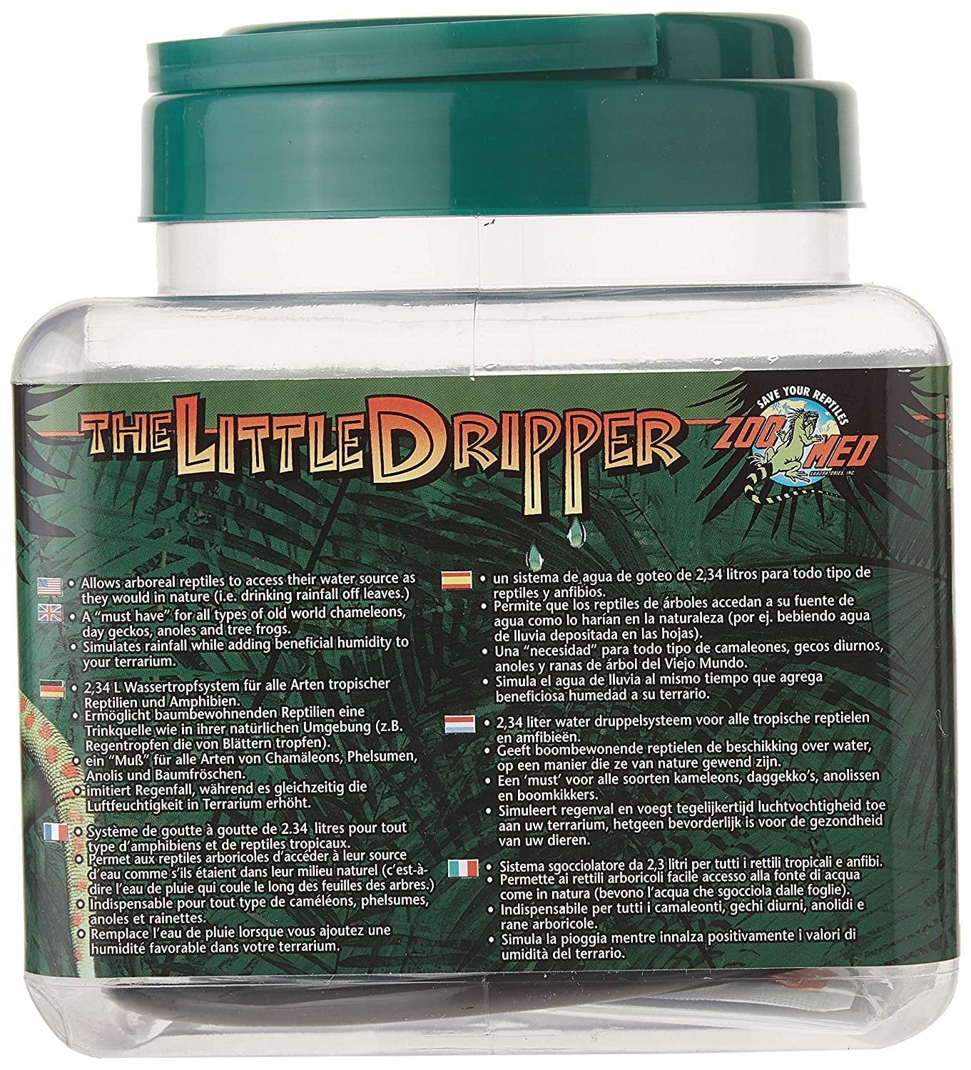 Reptile drip watering bottle front label with green cap and clear body