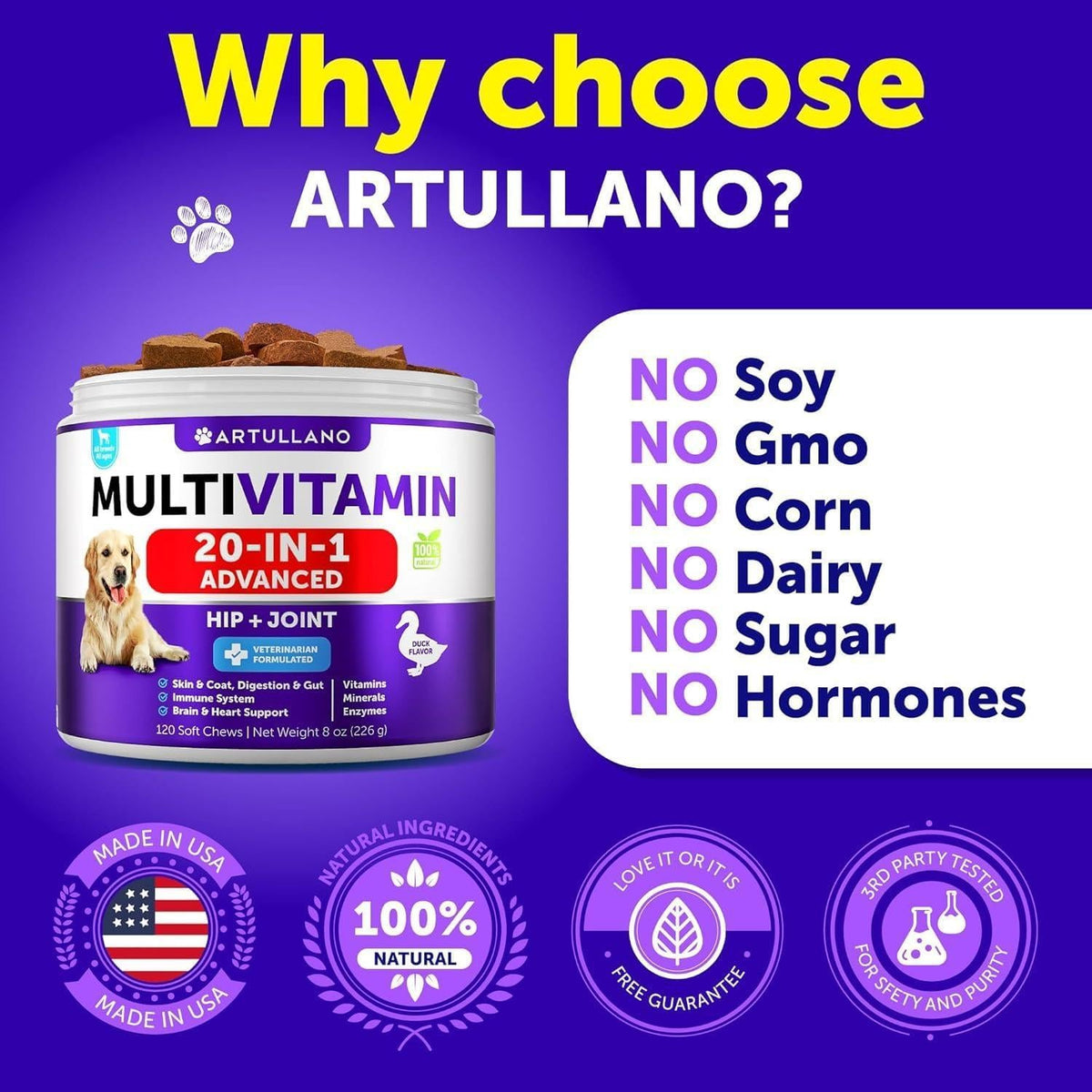 Dog multivitamin soft chew jar with badge icons for no soy, no GMO, no corn