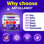 Dog multivitamin soft chew jar with badge icons for no soy, no GMO, no corn