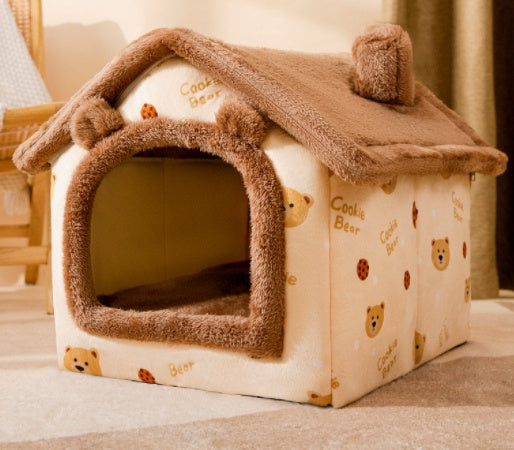 Cozy enclosed pet house bed with faux-fur door opening and removable top cover