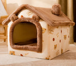 Cozy enclosed pet house bed with faux-fur door opening and removable top cover