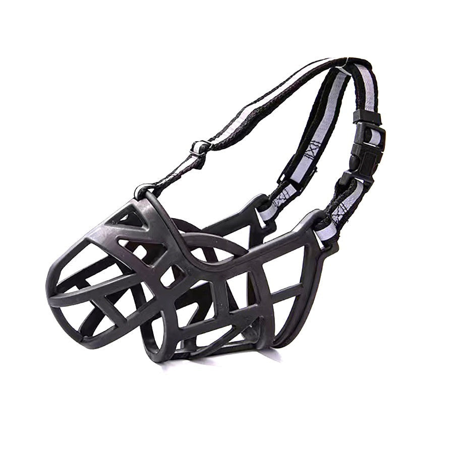Black anti-bite dog muzzle with cage basket and adjustable strap loops