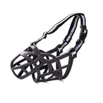 Black anti-bite dog muzzle with cage basket and adjustable strap loops