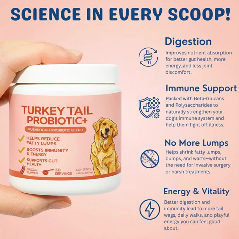 White pet supplement powder jar with ribbed lid; Turkey Tail Probiotic+ label