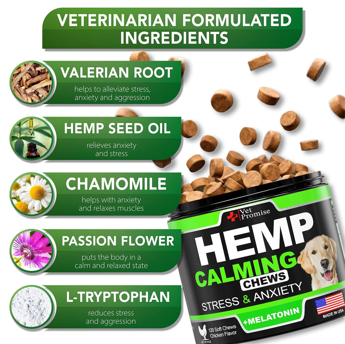 Hemp calming chews ingredient panel with green labels, tub, and supplement pieces