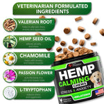 Hemp calming chews ingredient panel with green labels, tub, and supplement pieces